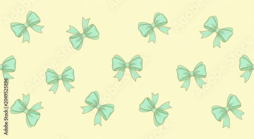 Seamless pattern with mint green bows and ribbon illustration, cute feminine design for stationery, wrapping paper, and textile textures.