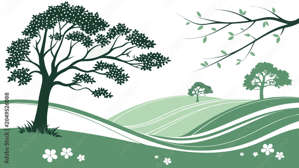 Obraz premium Elegant flat vector illustration featuring stylized green rolling hills and detailed blossoming trees in a serene spring nature landscape design
