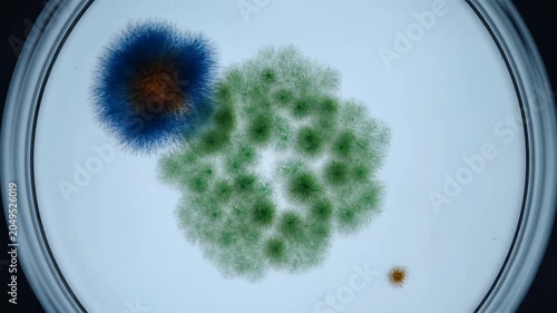 Microscopic view of bacteria colonies growing on agar plate.