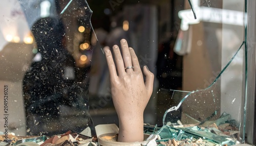 Mannequin's Lifeless Hand Adorned with Wedding Ring Amidst Broken Store Window Glass and Debris