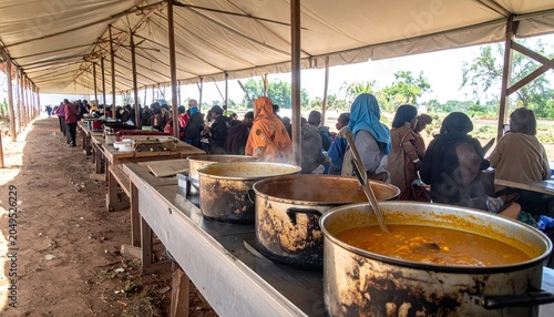 Large steaming pots of soup being served outdoors to long lines of displaced people under a tent, providing humanitarian aid.