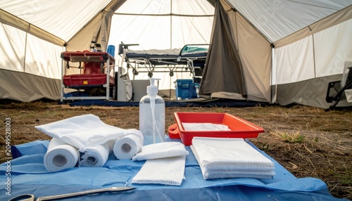 Medical supplies and equipment neatly arranged within a temporary medical tent setting