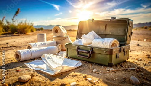 Medical Supplies Including Rolled Bandages and Antiseptic Wipes Spilled From an Open Kit in an Outdoor Desert Landscape Under Sunlight