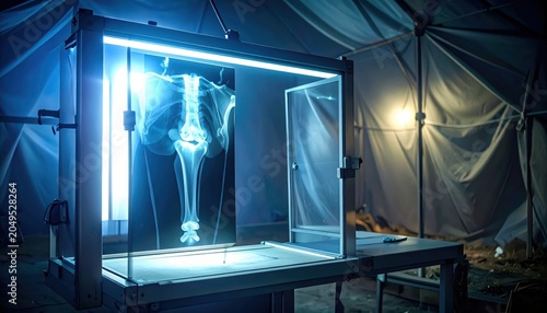 Medical X-ray Display Showing Shrapnel Embedded Near Bone on Light Box in Clinic Setting