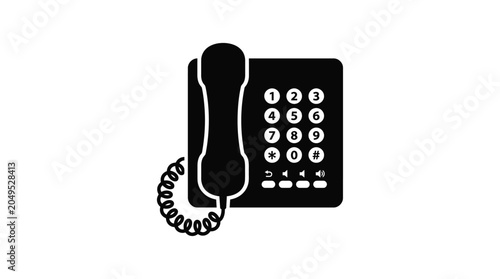 Black landline telephone with coiled cord and number pad flat silhouette phone