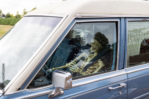 Photography Humorous plastic skeleton seated behind the wheel of a vintage blue hearse style