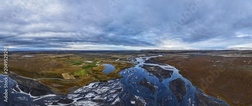 Overgrown river landscape, drone shot, panorama shot, Sudurland, Iceland