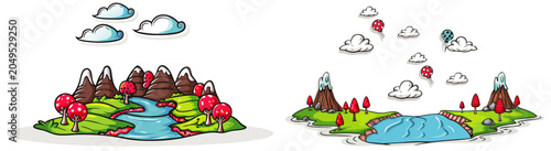 Fantasy River Valley Cartoon Landscape Vector with Mountains and Trees