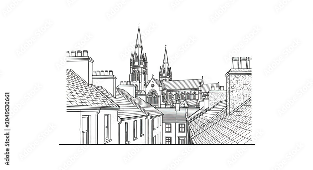 Obraz premium Black and white illustration of buildings.