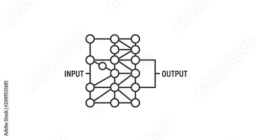 Illustration of a neural network diagram with input and output labels in black and white style