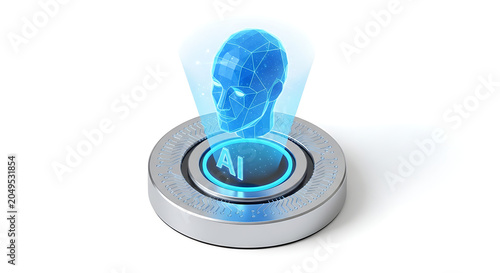 A holographic head above a silver button with ai on it against a white background in a studio shot