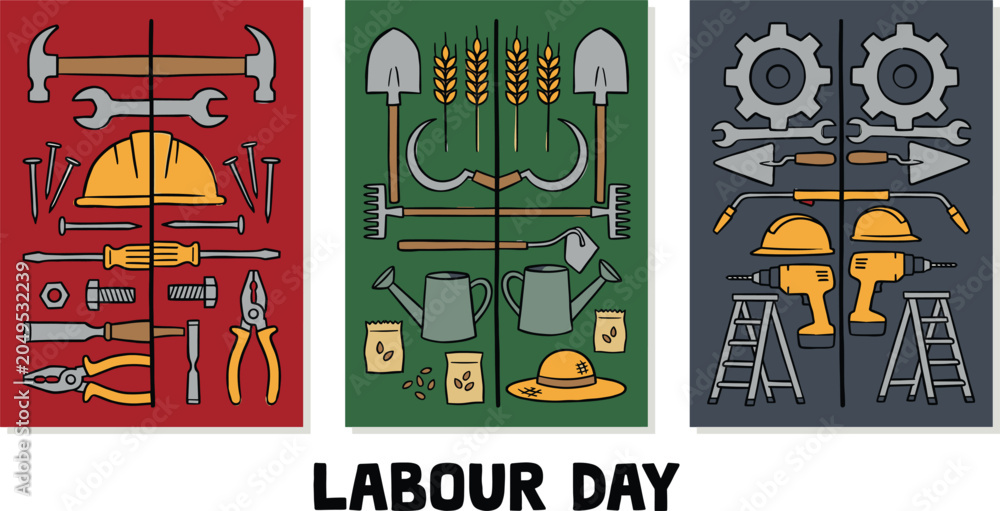 Obraz premium Labour Day Flat Lay Poster Set with Worker Tools Agriculture and Construction Equipment Arranged for Holiday Banner illustration