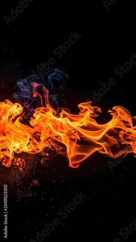Fiery abstract swirls of orange and blue smoke with glowing embers against a black background.