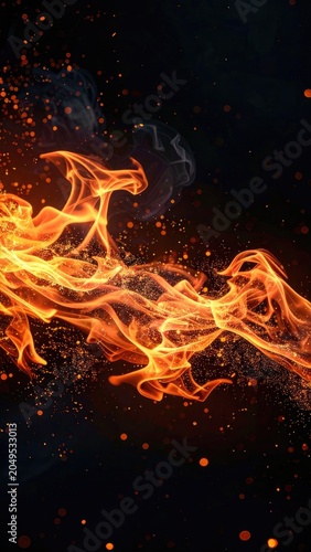 Dynamic orange flames dance with shimmering sparks against a dark backdrop.