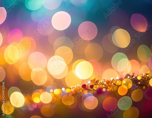 Vibrant bokeh lights create a dreamy, festive atmosphere.