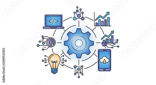 Illustration of a gear with surrounding icons representing technology and data processing concepts
