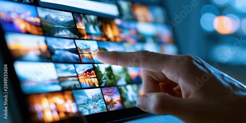 Hand Pointing at Stock Photo Search Screen on Digital Monitor. Concept of digital photography search, online image library and visual content browsing