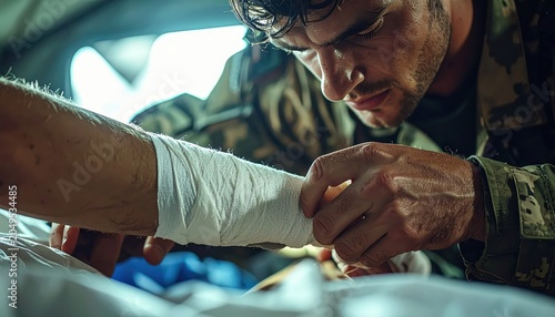 Paramedic carefully wraps a white bandage around a civilian's injured arm, providing essential first aid and support