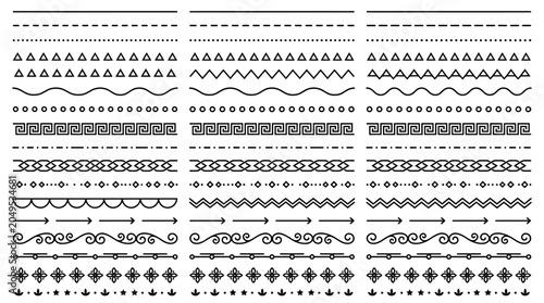 Collection of seamless black geometric border patterns and floral divider lines on a white background, perfect for invitation card design, certificate decoration and web layout projects