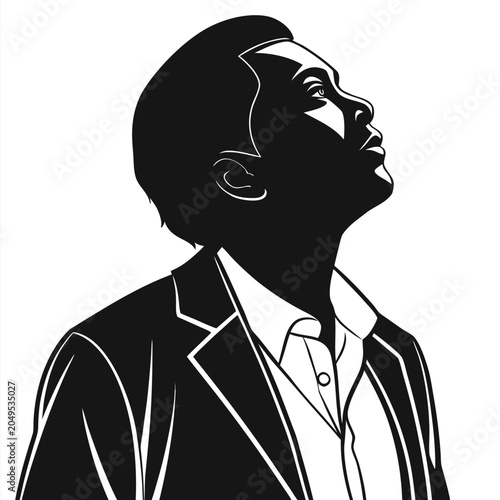 Vector illustration black and white portrait of a man looking upwards in a suit with geometric line art style