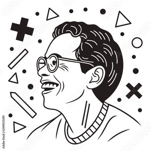 Vector illustration happy man with glasses smiling surrounded by geometric shapes and patterns