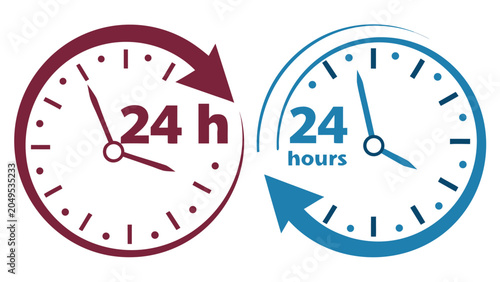 Vector illustration two stylish clock icons showing 24 hours in different colors with arrows indicating time flow