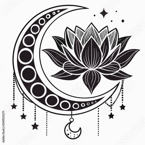 Vector illustration elegant black and white moon with lotus flower and hanging stars decorative design illustration