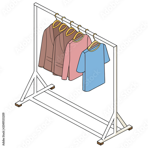 Vector illustration clothing drying rack with various garments hanging on a white frame for indoor use