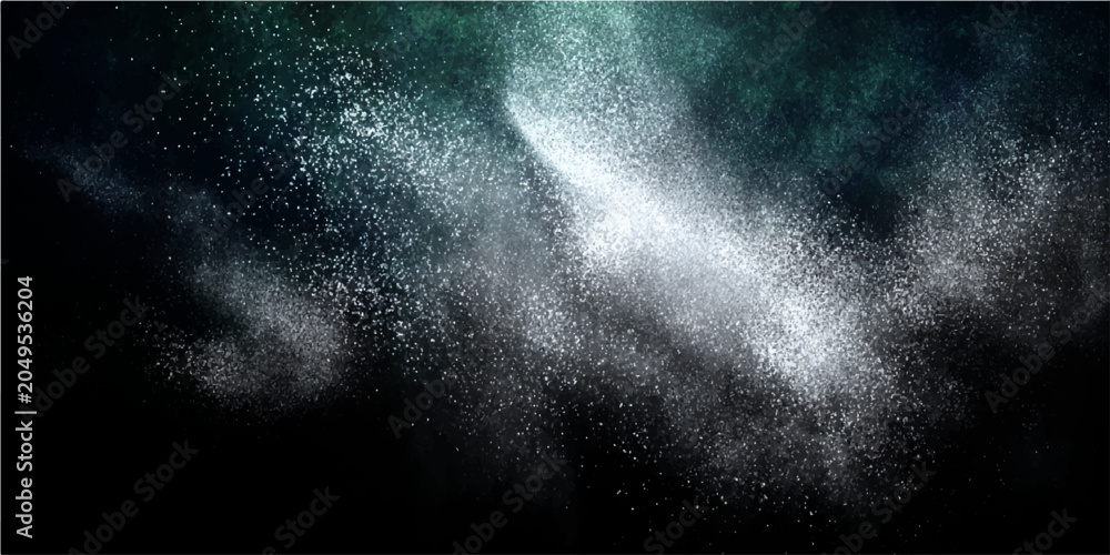 Naklejka premium Abstract explosion of white powder and dark mist with green and turquoise light effect creating a mystical and ethereal atmosphere in motion and dynamic chaos.