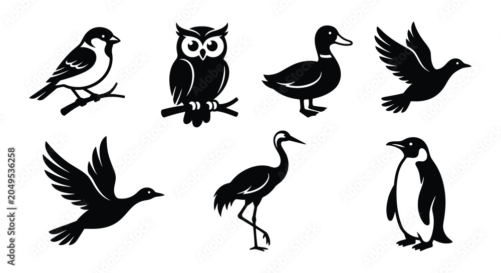 Naklejka premium Bird Silhouettes On White Background Vector Illustration Collection