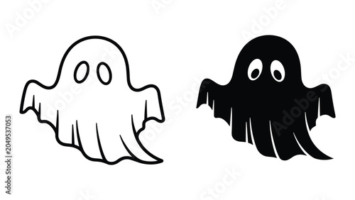 Foto A set of two cartoon ghost illustrations in black and white isolated on white ba