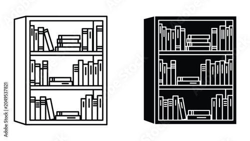 фотографія Vector illustration of bookshelf with books in black and white, isolated on whit