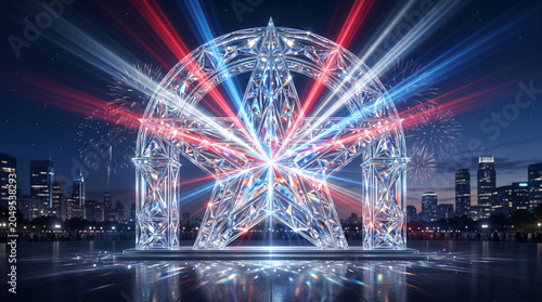 Illuminated futuristic crystal monument with laser beams at night urban skyline