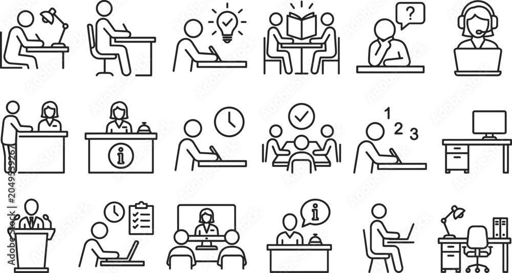 Fototapeta premium Study desk thin line icon set. Contains learning, training, thinking, customer service table, classroom, homework, study group, deadline, computer, workspace, receptionist. Vector illustration