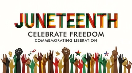 A vibrant illustration celebrating Juneteenth with diverse hands and freedom symbols