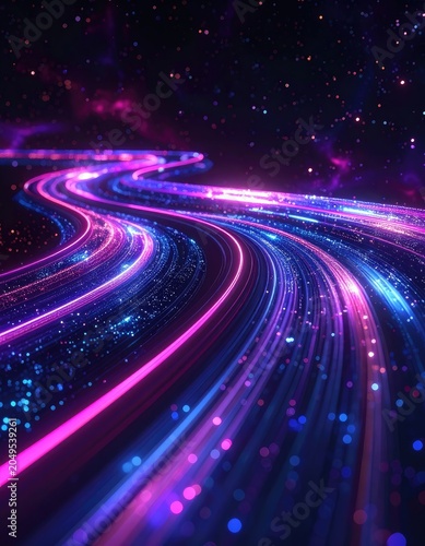 Abstract glowing trails of light weave through a dark, starry background.