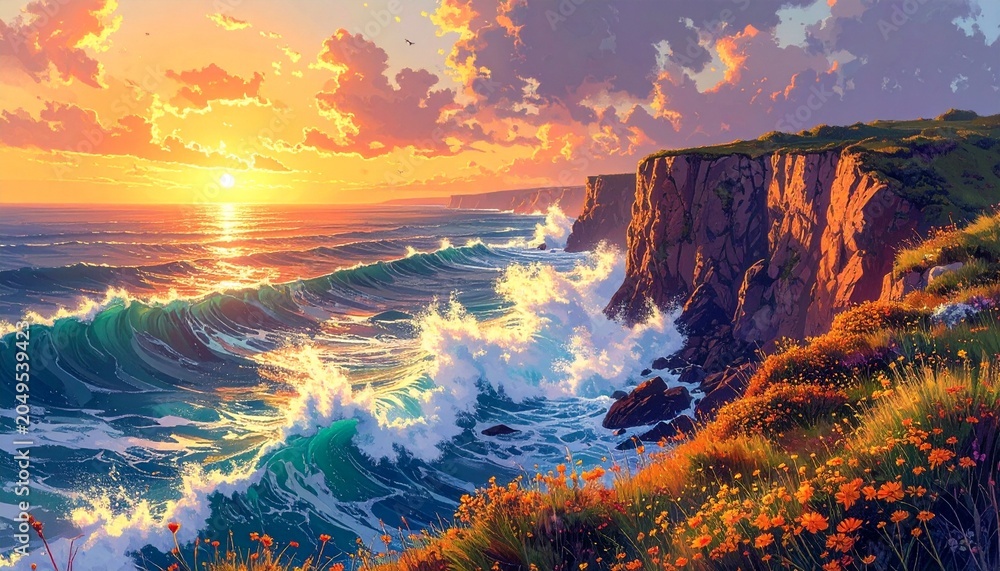 Fototapeta premium Dramatic Coastal Cliff at Sunset with Wildflowers on Cliff Edge and Violent Waves Crashing