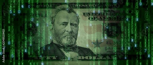 Digital Currency Concept with Fifty Dollar Bill made from Animated Numbers and Symbols. Blockchain Finance Background.