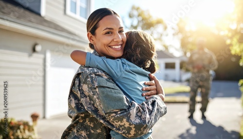 Soldier in Full Uniform Tenderly Embraces Child Upon Homecoming to Suburban Residence