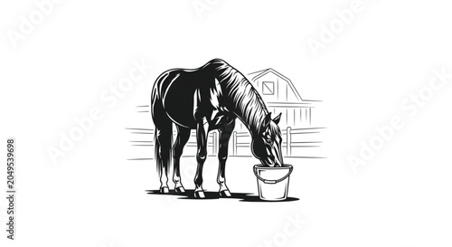 Black Horse Eating from Bucket.