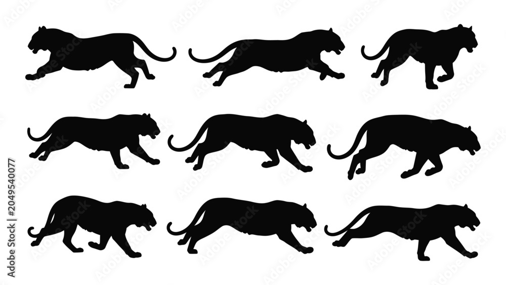 Fototapeta premium Collection of black panther silhouettes in various dynamic running and stalking poses a graphic silhouette big cat feline predator wildlife