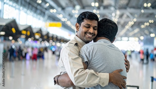 Soldier in uniform shares a heartfelt embrace with a family member upon returning home at the airport