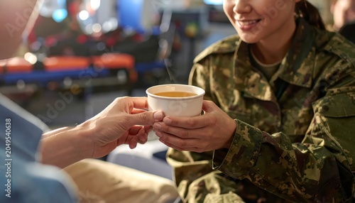 Soldier receiving a warm cup of tea from a caring civilian, a moment of comfort and gratitude.