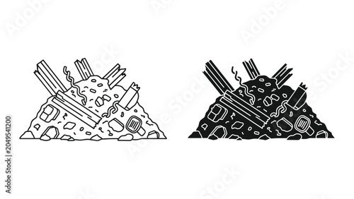 Tableau sur toile Black and white line art illustration of a pile of trash and garbage on a white