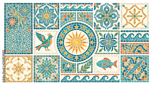Colorful decorative tile mosaic artwork design.