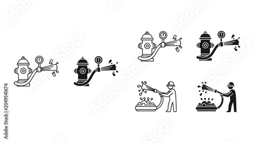 Foto Black and white illustrations of fire hydrants and firefighters using hoses for