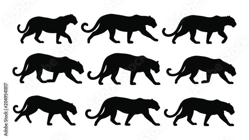 Canvas Print A Collection Of Black Panther Silhouettes In Various Walking Poses A Graphic Sil