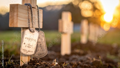 Soldiers dog tags hanging on a simple wooden cross marker in a cemetery at sunset