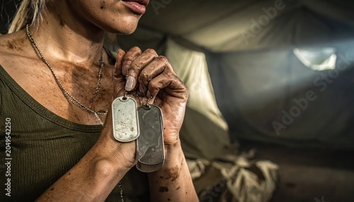 Soldier's Dog Tags Held Tightly in Dirty, Calloused Hand, Representing Sacrifice and Remembrance