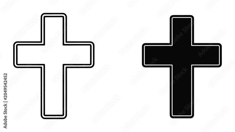 Fototapeta premium Black and white cross symbols with outlined shapes on isolated white background for medical or religious use